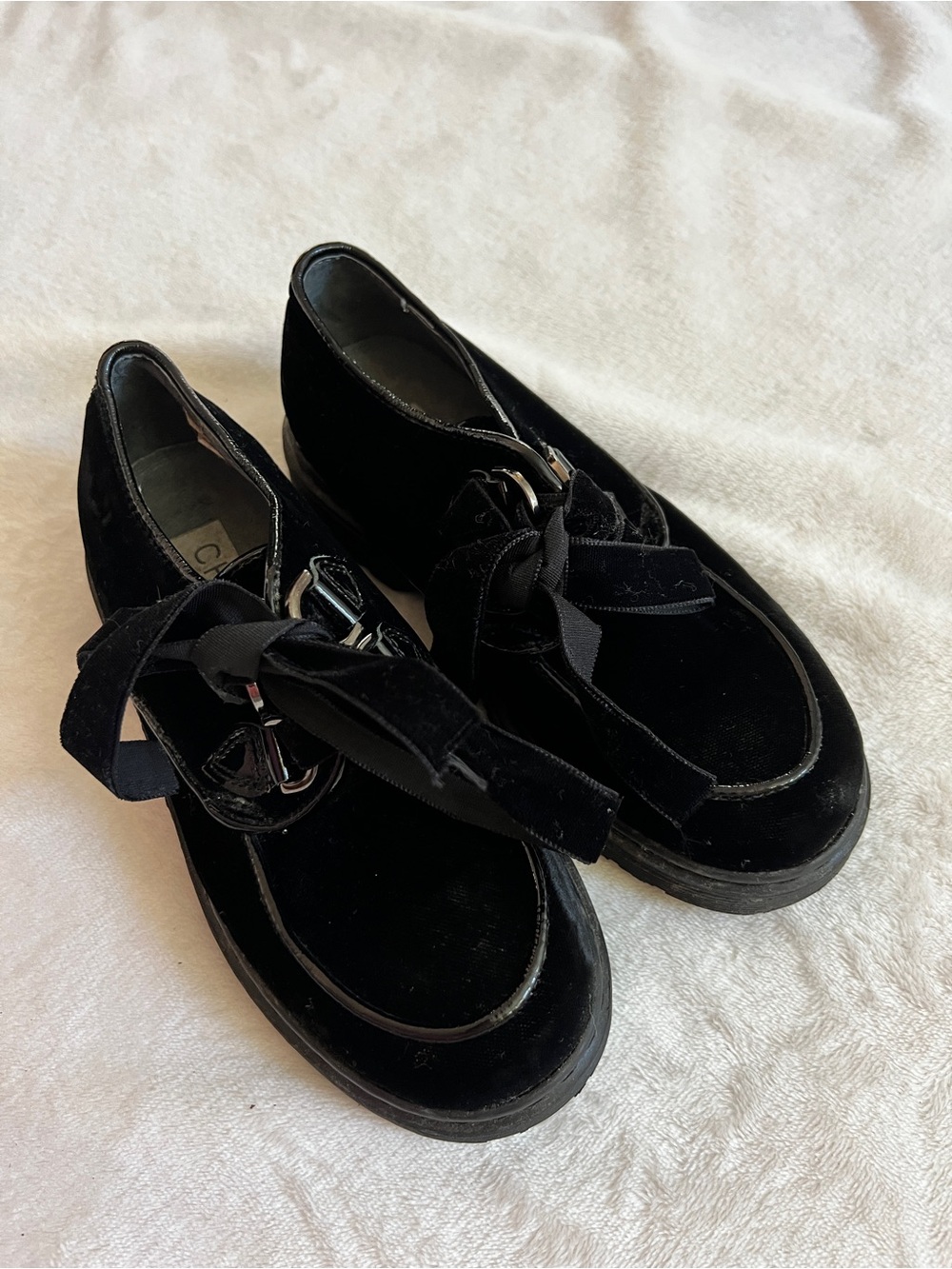 Girls' Black Velvet Lace-Up Dress Shoes with Ribbon Ties Made in Italy